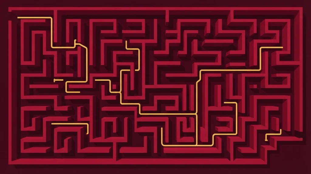 Labyrinth von oben mit einem erkennbaren Weg zum Ausgang