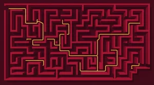Labyrinth von oben mit einem erkennbaren Weg zum Ausgang