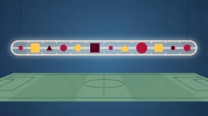 Zeitlinie eines Spiels mit farbigen Markierungen über einer Spielfläche