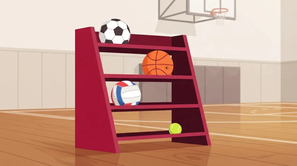 Gestell mit Fußbällen, Basketball und Tennisball neben weiterer Sportausrüstung