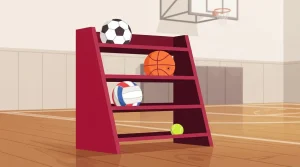 Gestell mit Fußbällen, Basketball und Tennisball neben weiterer Sportausrüstung